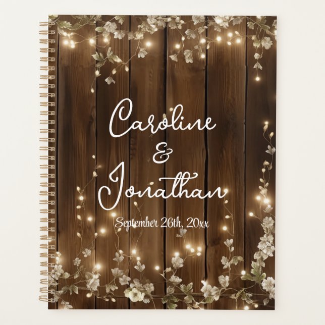 Agenda Wood Rustic String Lights White Floral Weding (Frente)