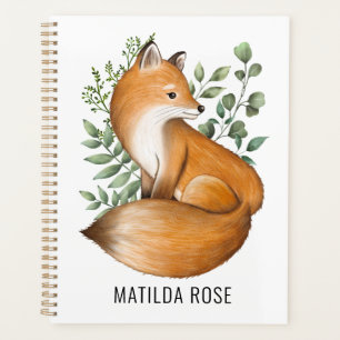 Agenda Woodland Fox Watercolor Monograma Botânico Folheto