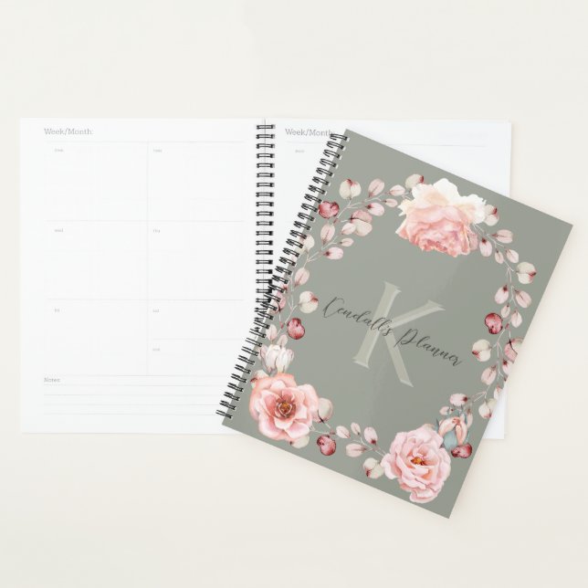 Agenda Wreath Rosa de Aquarela Personalizada | Sage Green (Exibição)