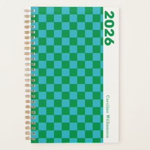 Agenda Xadrez Azul Verde Retro Personalizado 2026