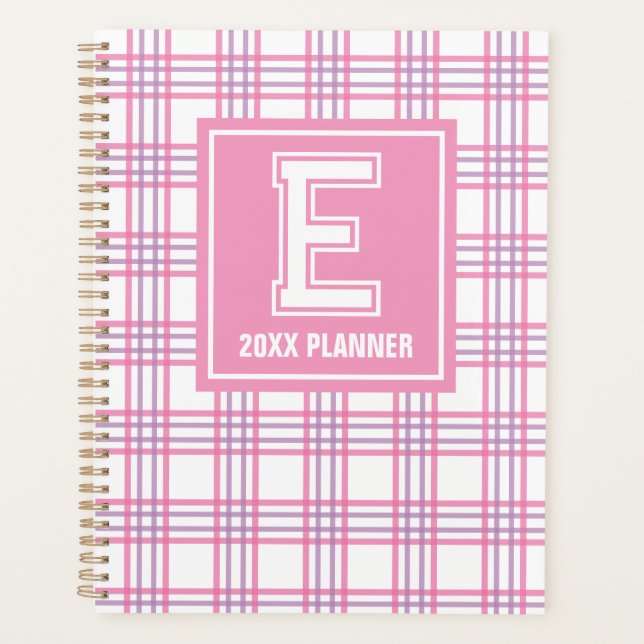 Agenda Xadrez Preppy Monograma Cor-de-rosa Roxo da Univer (Frente)