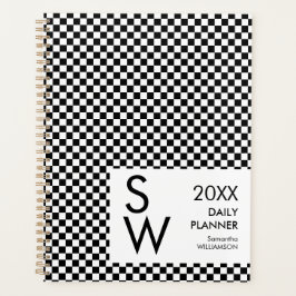 Agenda Xadrez Preto E Branco Monograma Personalizado