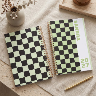 Agenda Xadrez Verde com Preto e Nome Personalizado Retro