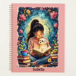 Agenda Young Girl Reading with Her Dog Add Name & Text