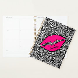 Agenda Zebra Simples com Lábios Rosa Personalizados