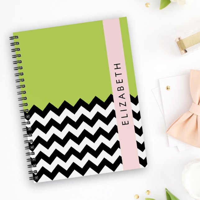 Agenda Zigzag preto-e-branco, Chevron, verde, seu nome (Criador carregado)