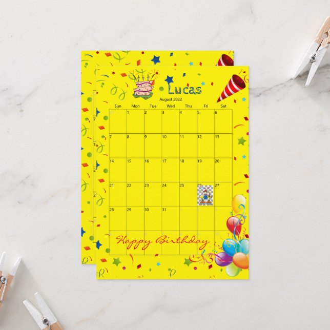 Agosto de 2022 Calendar Feliz Convite de Aniversár (Frente/Verso In Situ)