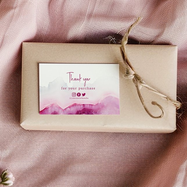 Agradecemos a você inserir links sociais do cartão (Pink agate effect enclosure card that says "Thank you for your purchase" and social media icons)