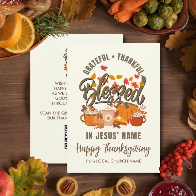 AGRADECIDO ABENÇOADO Convite de Ação de Graças da  (GRATEFUL THANKFUL BLESSED Church Thanksgiving Invite with QR code)