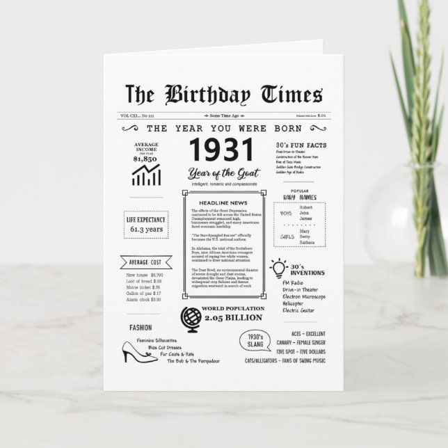 Agradecimento 1931 O Ano Em Que Era Nascer Cartão De Aniversário (Frente)