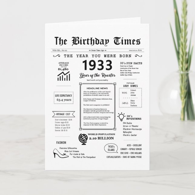 Agradecimento 1933 O Ano Em Que Era Nascer Cartão De Aniversário (Frente)