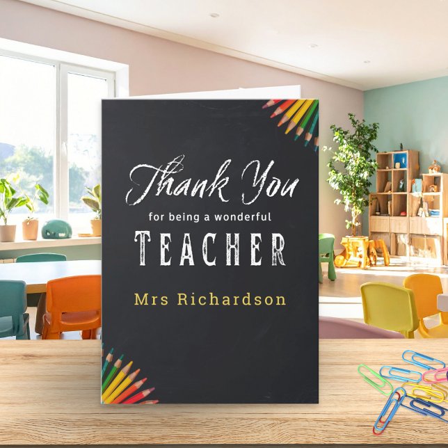 Agradecimento ao Professor Quadro de Giz Lápis Per (A thank you card for a teacher, with chalkboard design and personalized name)