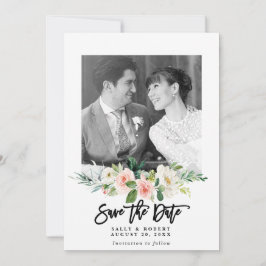 Agradecimento blush floral foto casamento salvar cartão de data