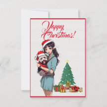 Cachorro Gato-Gato Com Cartão Xmas De Rapariga