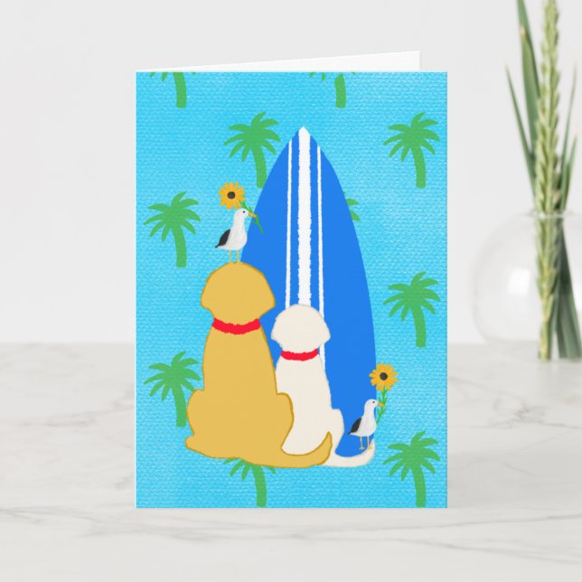 Agradecimento Cães surfando com gaivotas e cartão de flores (Frente)