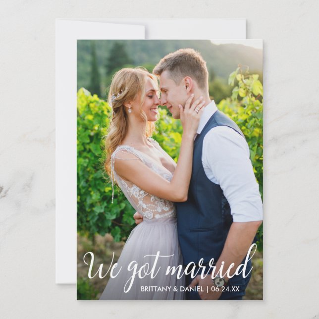 Agradecimento Caligrafia Nos Casamos Cartão com fotos De Casamen (Frente)