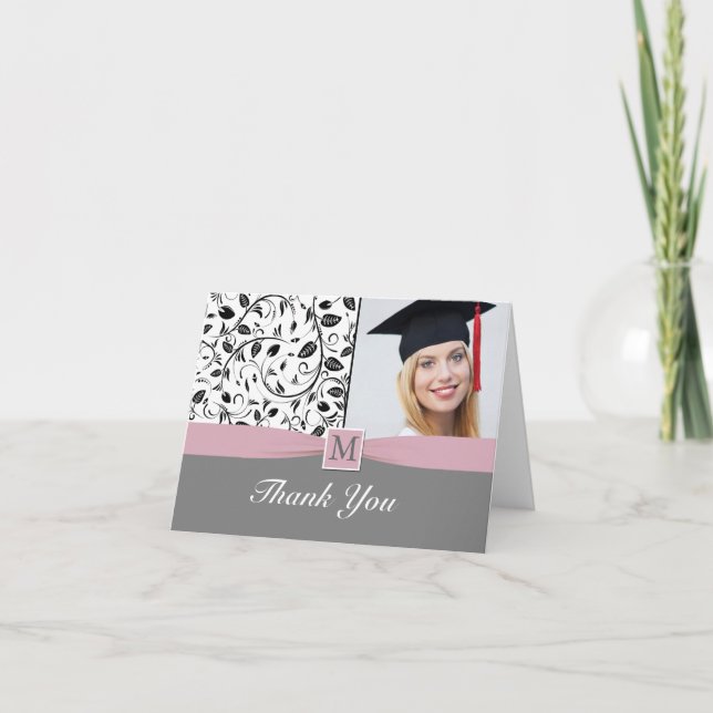 Agradecimento Cartão com fotos de Graduação do monograma branco  (Frente)