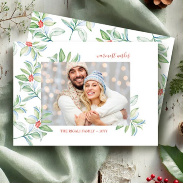 Agradecimento Cartão com fotos de Veneração de Natal em Watercol (Photo Christmas cards watercolor red and green botanical art by Victoria Grigaliunas VG Invites)