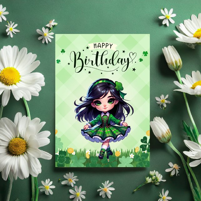 Agradecimento Cartão de Aniversário de Banda Irlandesa (Irish Dancing lass on a Happy Birthday Card in green on backdrop of dark green and fresh daisies.)