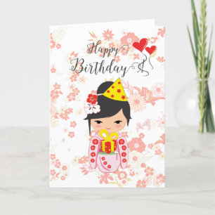Agradecimento Cartão de Aniversário Feliz de Rosa Kokeshi Doll