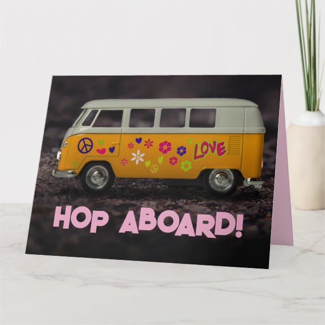 AGRADECIMENTO CARTÃO DE ANIVERSÁRIO HIPPIE BUS VAN FUNNY GREETIN (Frente)