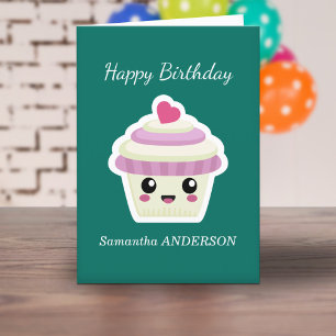 Agradecimento Cartão de Aniversário Kawaii cupcake