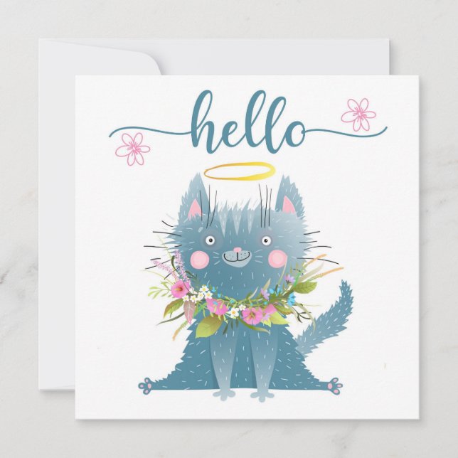 Agradecimento Cartão de Boas Vindas com Gato Divertido e Flores (Frente)