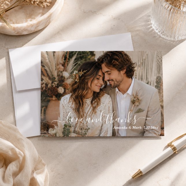 Agradecimento Cartão de Casamento Boho com Foto e Script de Amor (Criador carregado)