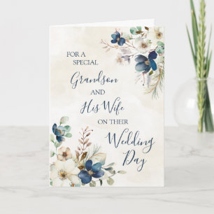 Agradecimento Cartão de casamento floral azul para neto e esposa