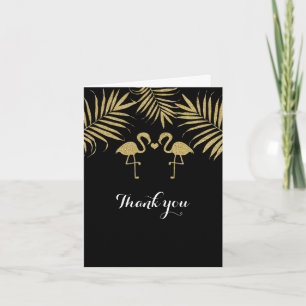 Agradecimento Cartão de Casamento Preto e Dourado com Dois Flami