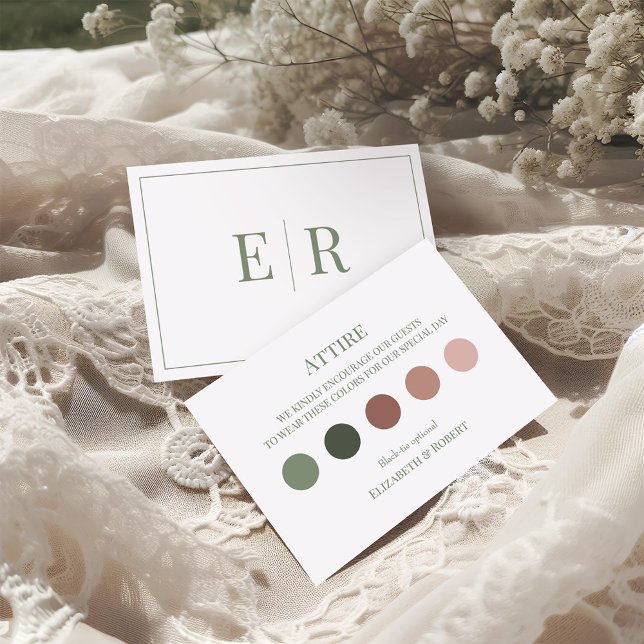 Agradecimento Cartão de Código de Vestido de Roupa de Oliva Verd (Olive Green Wedding Attire Guest Dress Code Card on a boho wedding table.)