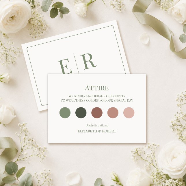 Agradecimento Cartão de Código de Vestimenta de Noiva Branco e O (White & Olive Wedding Attire Dress Code Card on a wedding table with white roses and decor.)