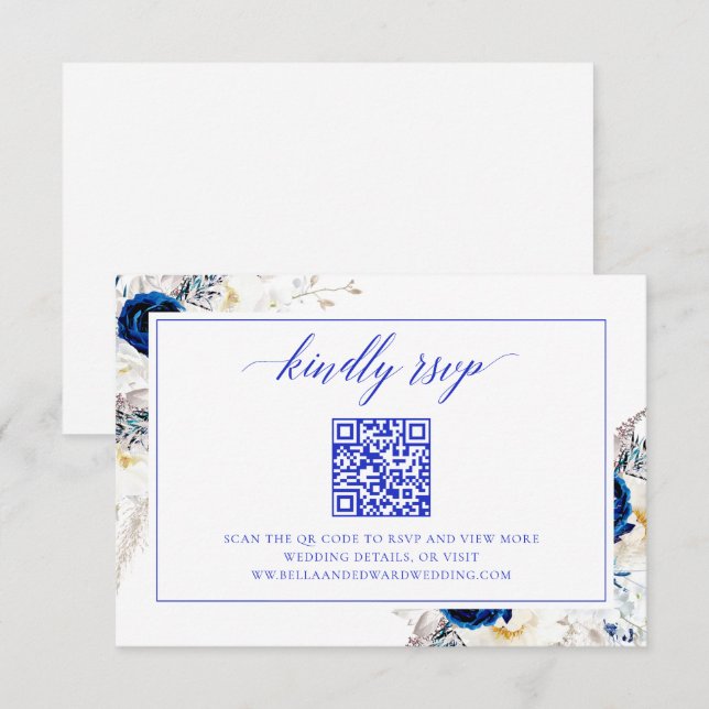 Agradecimento Cartão de Código QR do Site RSVP de Casamento Azul (Frente/Verso)
