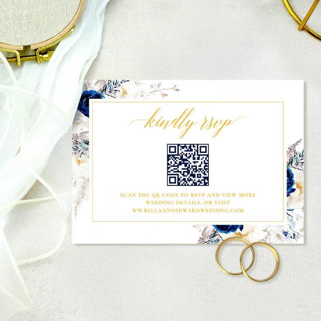 Agradecimento Cartão de Código QR RSVP de Site de Casamento Azul (Criador carregado)