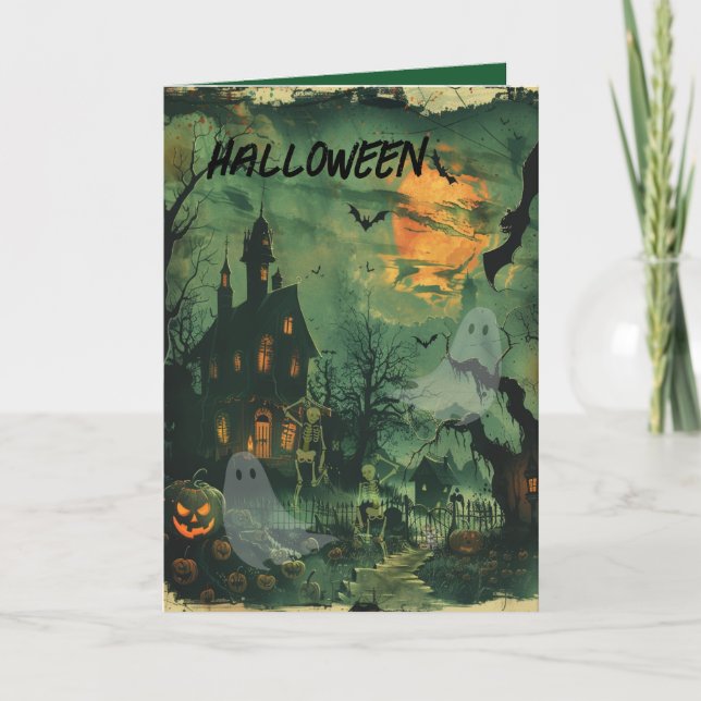 Agradecimento Cartão de Halloween com Casa e Cena Spooky (Frente)
