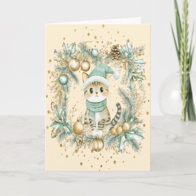 Agradecimento Cartão de Natal com Cat e Wreath Mint e Dourado (Frente)