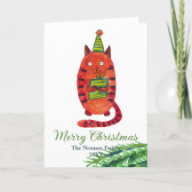 Cartão de Natal com gato vermelho. Gato de aquarel