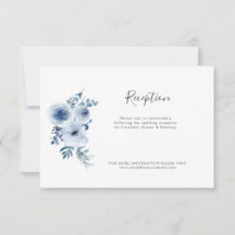 cartão de recepção de casamento floral azul empoei