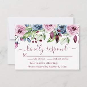 Agradecimento Cartão de Resposta de Casamento Floral Vinho Azul