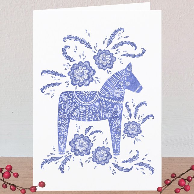 Agradecimento Cartão de saudação azul e branco de Dala Horse sue (Swedish Dala Horse blue and white card)