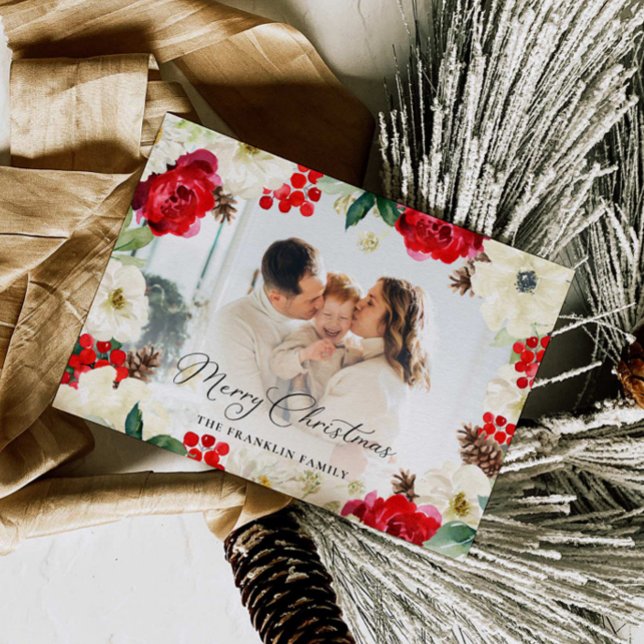 Agradecimento Cartão de Saudação de Foto Floral Vermelho Natal (Criador carregado)