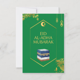 Agradecimento Cartão Eid Al-Adha Mubarak em verde e imagem de Ka