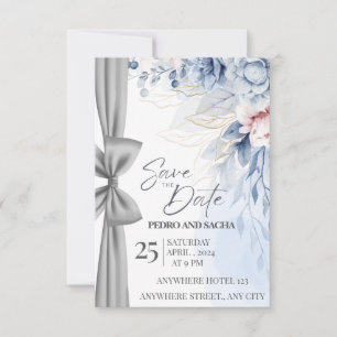 Agradecimento Cartão Elegante de Save The Date Floral Azul com P