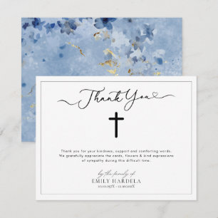 Agradecimento Cartão Funeral Elegante com Floral Azul de Ouro Cr