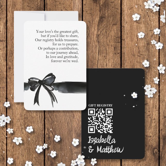 Agradecimento Cartão QR de Poema do Registro de Arco Branco Pret (gift registry cards with Watercolor bow black white for elegant modern simple wedding photo custom )