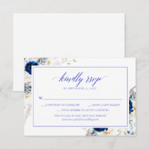 Cartão RSVP de Casamento de Caligrafia Azul Horizo
