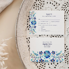 Agradecimento Cartão RSVP de Casamento de Fiesta Floral Azul e B