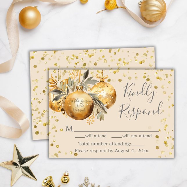 Agradecimento Cartão RSVP de Casamento de Natal Dourado Beige (Criador carregado)