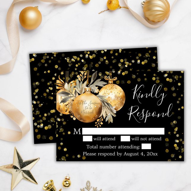Agradecimento Cartão RSVP de Casamento de Natal Preto Dourado (Criador carregado)