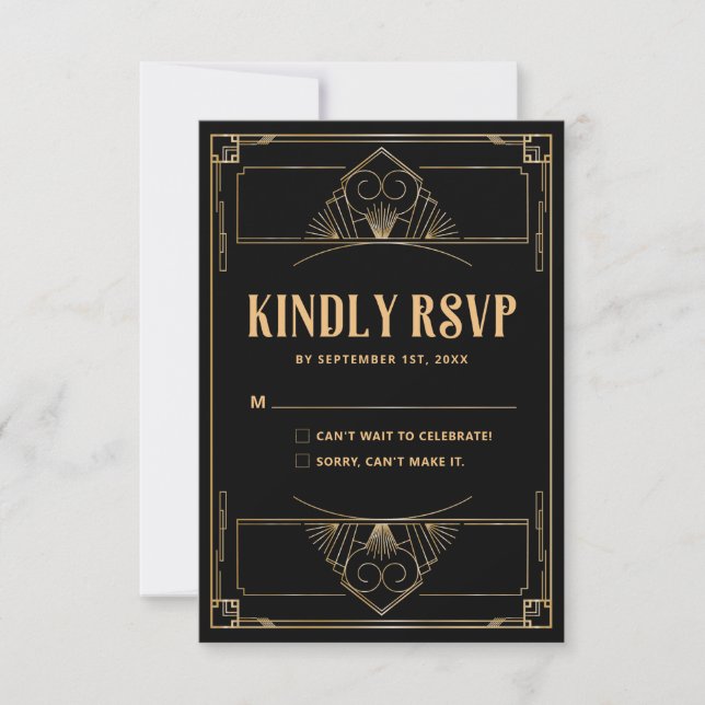 Agradecimento Cartão RSVP de Casamento Dourado Preto Elegante da (Frente)